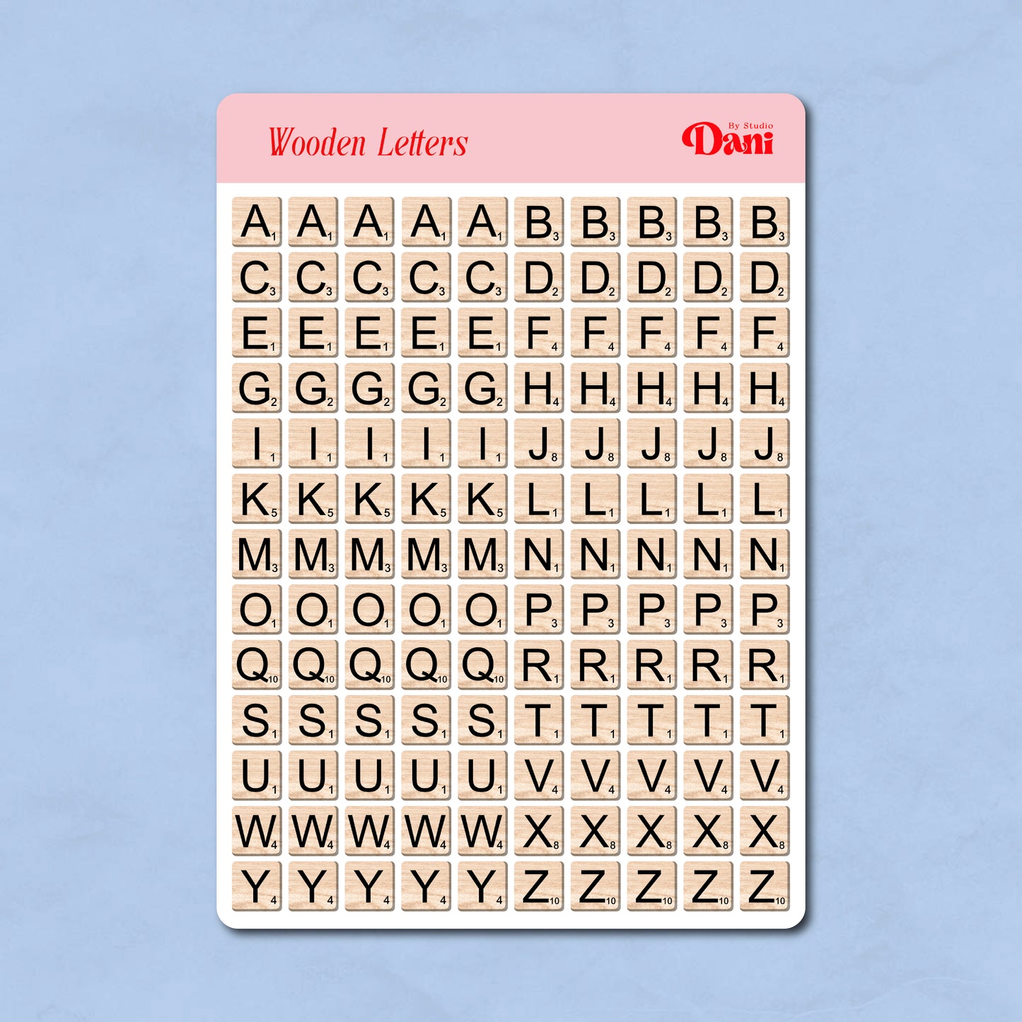 Wooden Letters Stickervel A5